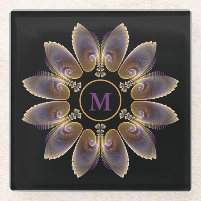 Abstract Angel Wings Mandala Fractal Monogram Glass Coaster (Front)