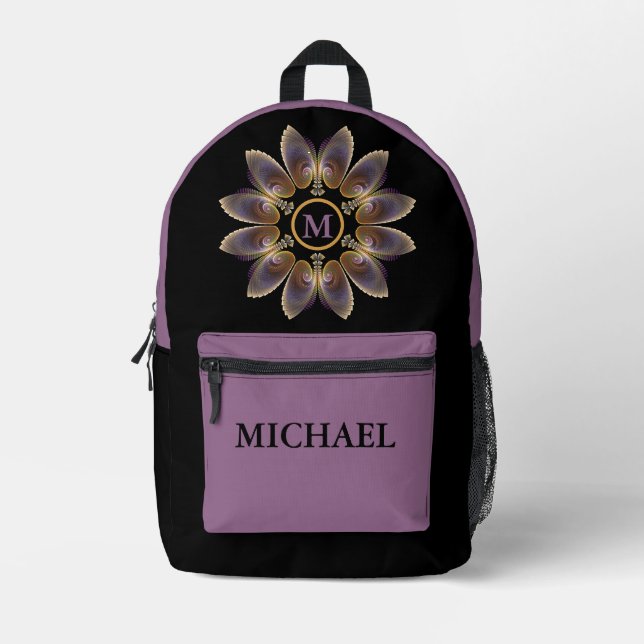 Abstract Angel Wings Mandala Fractal Monogram Printed Backpack (Front)