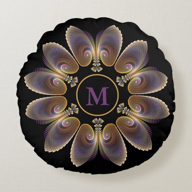 Abstract Angel Wings Mandala Fractal Monogram Round Cushion (Front)