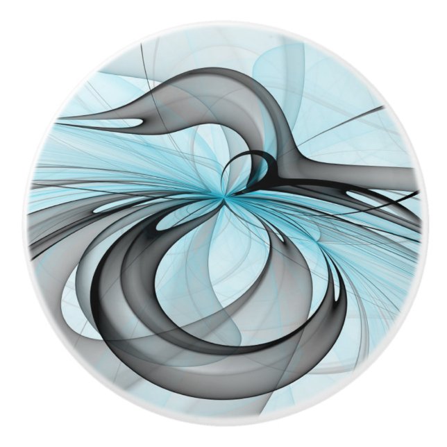 Abstract Anthracite Grey Blue Modern Fractal Art Ceramic Knob (Front)