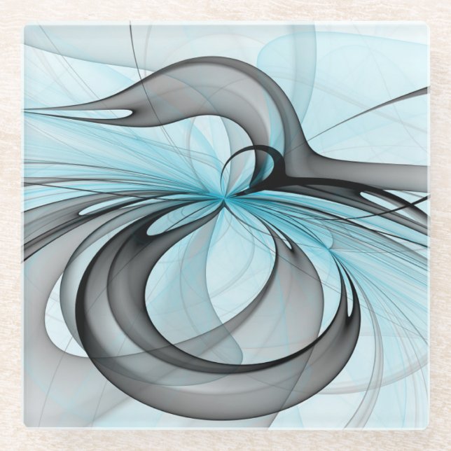 Abstract Anthracite Grey Blue Modern Fractal Art Glass Coaster (Front)