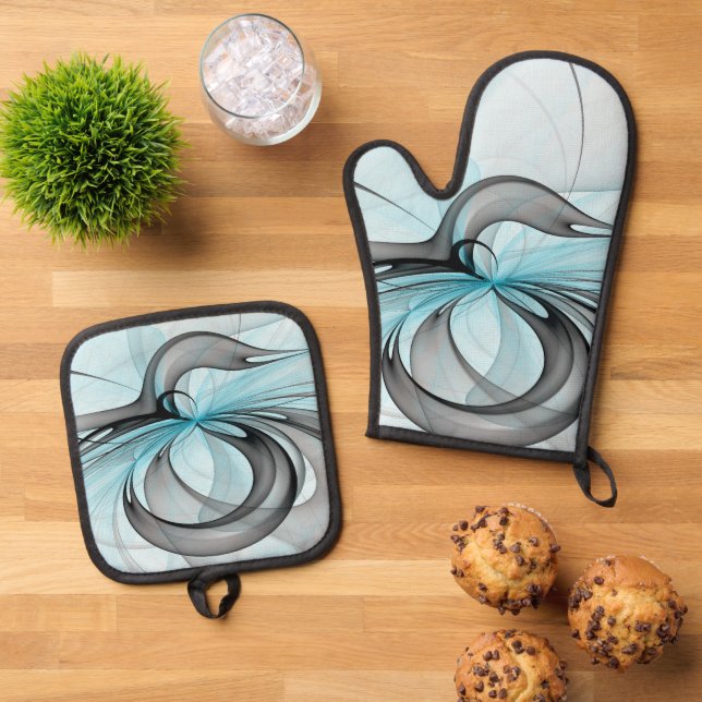 Abstract Anthracite Grey Blue Modern Fractal Art Oven Mitt & Pot Holder Set (Top Down)