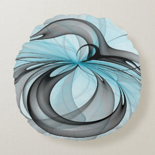 Abstract Anthracite Grey Blue Modern Fractal Art Round Cushion