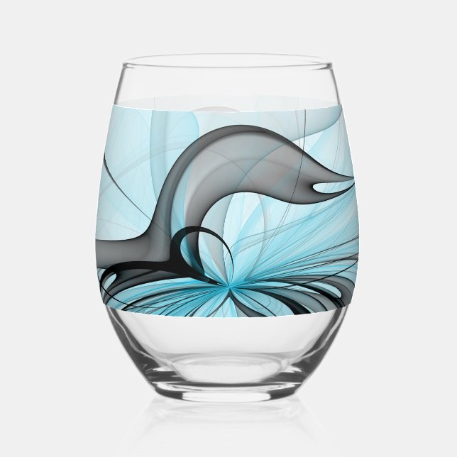 Abstract Anthracite Grey Blue Modern Fractal Art Stemless Wine Glass (Front)
