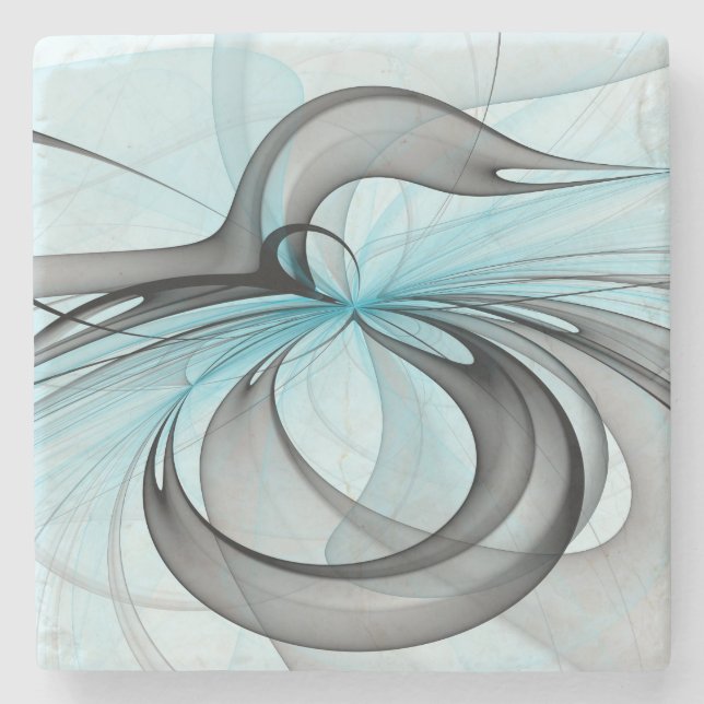 Abstract Anthracite Grey Blue Modern Fractal Art Stone Coaster (Front)