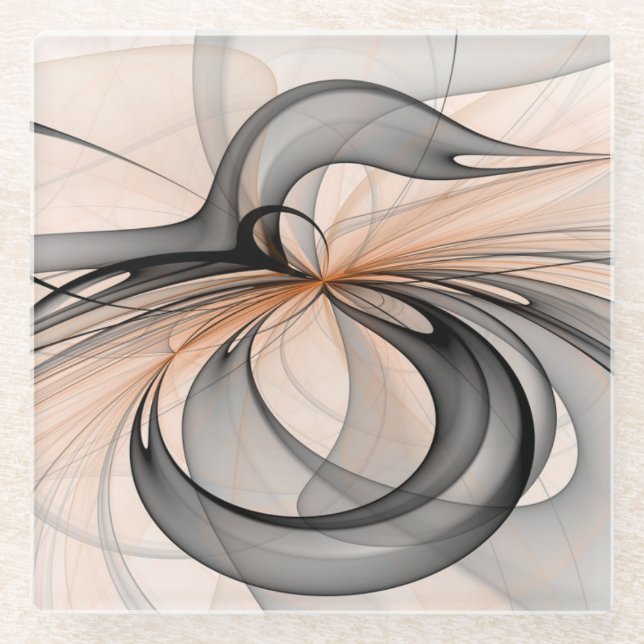 Abstract Anthracite Grey Sienna Modern Fractal Art Glass Coaster (Front)