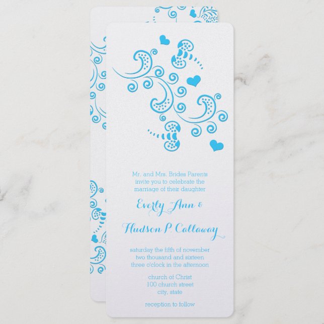 Abstract Aqua Blue Butterfly or Bumble Bee Wedding Invitation (Front/Back)