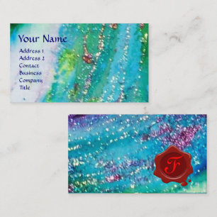 ABSTRACT AQUA BLUE TEAL GOLD SPARKLES,RED WAX SEAL BUSINESS CARD
