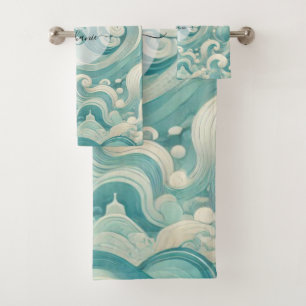 Abstract Aqua Blue & White Wave – Modern Fluid Art Bath Towel Set