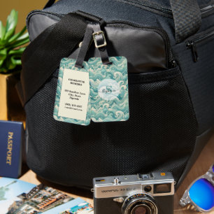 Abstract Aqua Blue & White Wave – Modern Fluid Art Luggage Tag