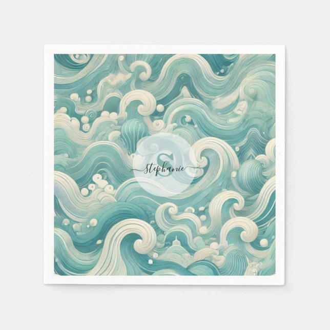 Abstract Aqua Blue & White Wave – Modern Fluid Art Napkin (Front)