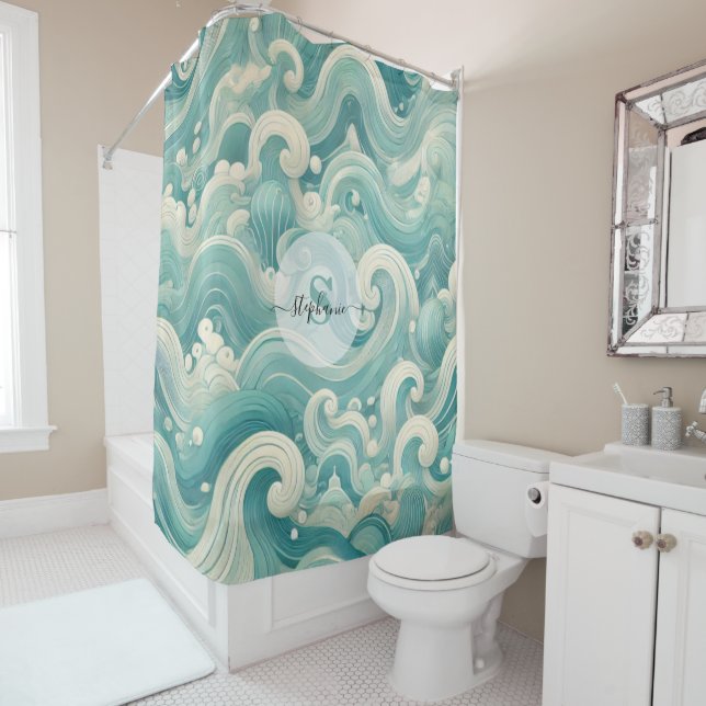 Abstract Aqua Blue & White Wave – Modern Fluid Art Shower Curtain (In Situ)