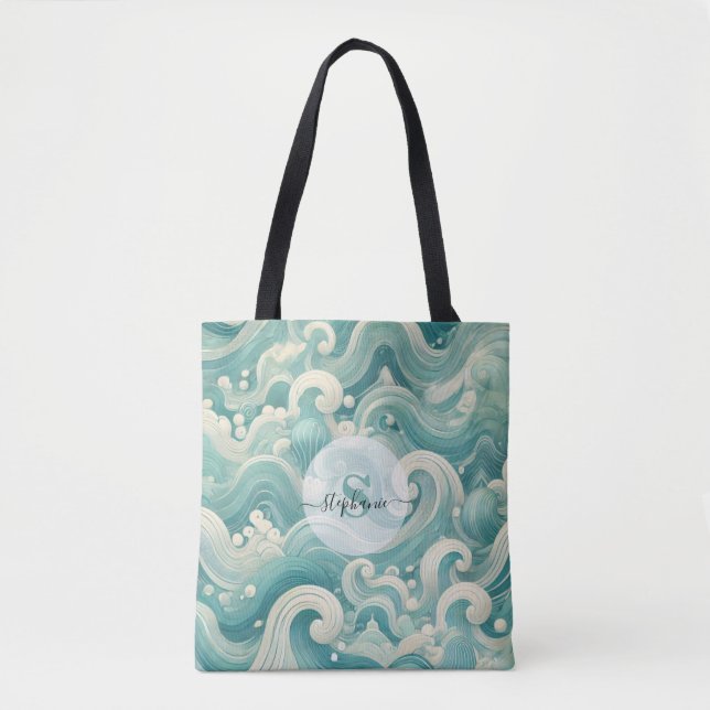 Abstract Aqua Blue & White Wave – Modern Fluid Art Tote Bag (Front)