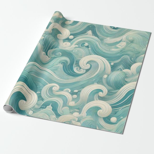Abstract Aqua Blue & White Wave – Modern Fluid Art Wrapping Paper (Unrolled)