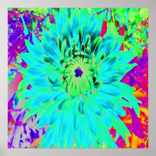 Abstract Aqua Decorative Dahlia Flower Poster (Front)