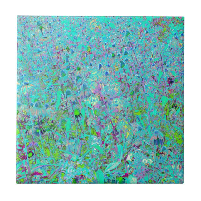 Abstract Aqua Green and Purple Coneflower Garden Tile (Front)