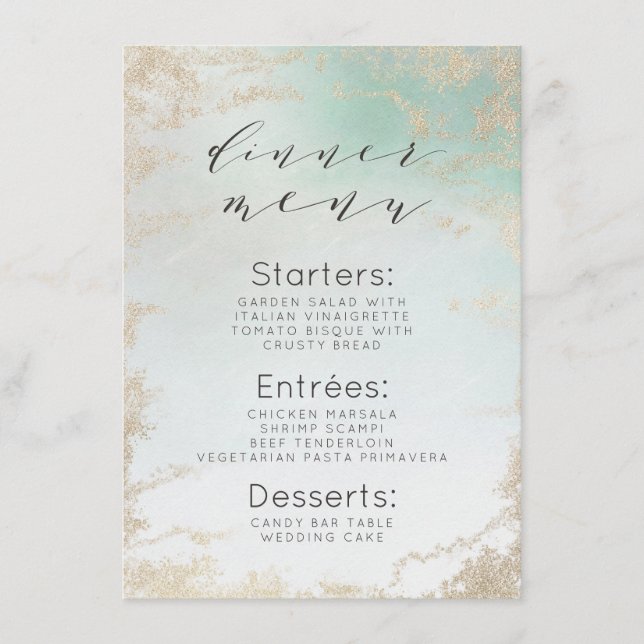 Abstract Aqua Ombre Fade with Frosted Gold Glitter Menu (Front)