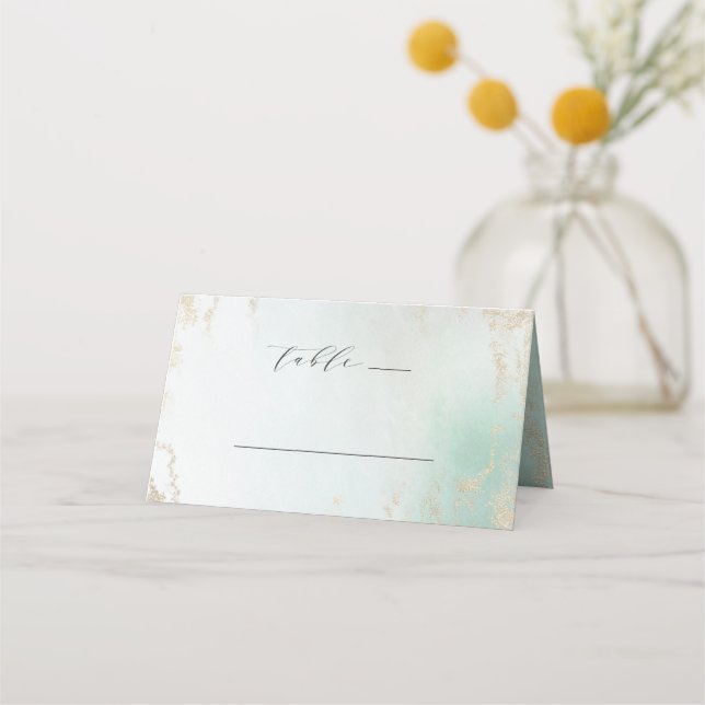 Abstract Aqua Ombre Fade with Frosted Gold Glitter Place Card (Front)