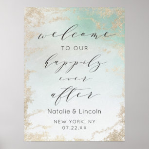 Abstract Aqua Ombre Fade with Frosted Gold Glitter Poster