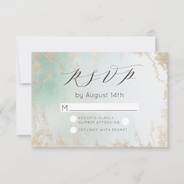 Abstract Aqua Ombre Fade with Frosted Gold Glitter RSVP Card (Front)