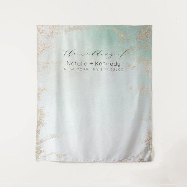 Abstract Aqua Ombre Fade with Frosted Gold Glitter Tapestry (Front)