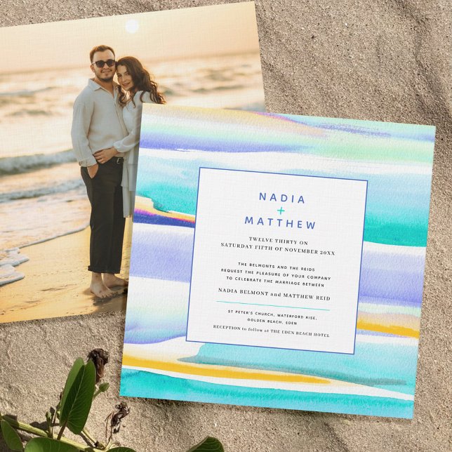 Abstract aqua tropical tide line photo wedding invitation (Creator Uploaded)