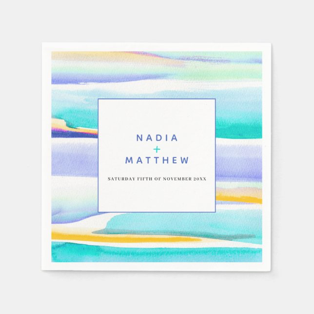Abstract aqua tropical tide line wedding event napkin (Front)