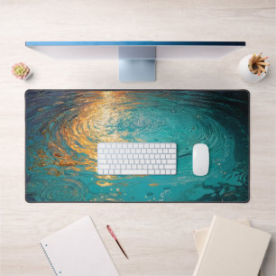Abstract Aqua Waves with Golden Sunlight Desk Mat