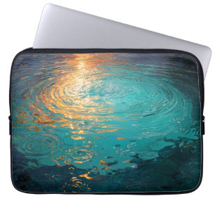 Abstract Aqua Waves with Golden Sunlight Laptop Sleeve