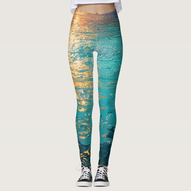 Abstract Aqua Waves with Golden Sunlight Leggings (Front)