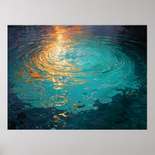 Abstract Aqua Waves with Golden Sunlight Poster
