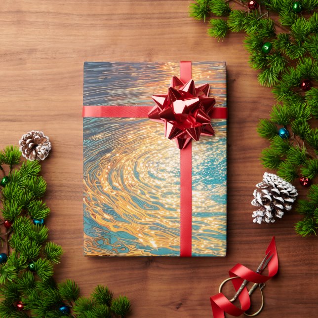 Abstract Aqua Waves with Golden Sunlight Wrapping Paper (Holiday Gift)