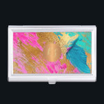 Abstract art acrylic painted strokes gold monogram business card holder<br><div class="desc">Trendy modern art glamourous acrylic brushed abstract painting in bold teal turquoise, blue, hot pink and faux gold making an elegant business card holder with a faux metallic gold copper monogrammed geometric circle for a makeup artist | wedding planner | hairstylist | fashion stylist | home interior decorator | designer...</div>