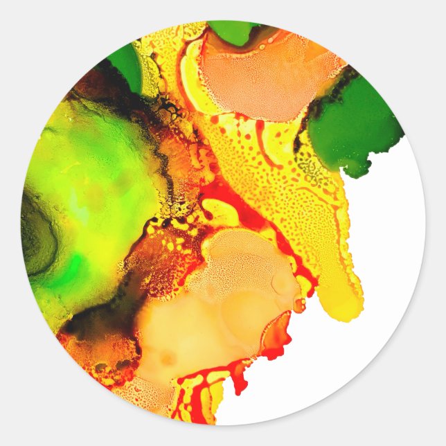 Abstract art alcohol ink yellow green classic round sticker (Front)