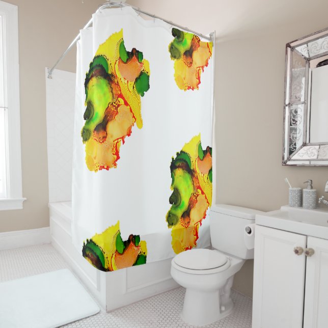 Abstract art alcohol ink yellow green shower curtain (In Situ)