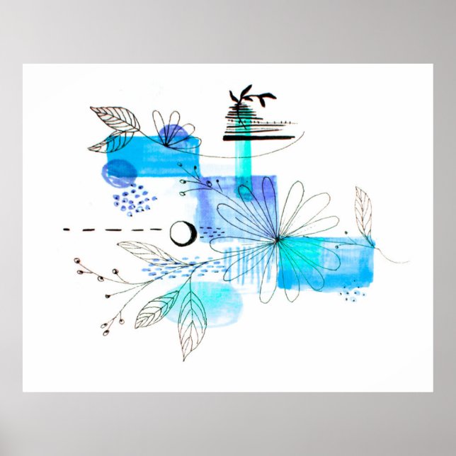 Abstract Art Black Floral Blue and Grey Poster (Front)