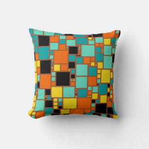 Abstract Art Black Yellow Orange Blue Squares Cushion