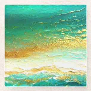 Abstract Art Blue and Gold Ocean Glass Coaster
