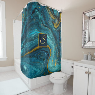 Abstract Art Blue Green Gold Dust Monogram Marble Shower Curtain
