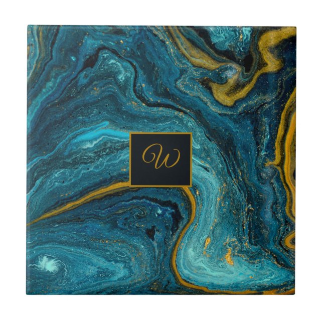 Abstract Art Blue Green Gold Dust Monogram Marble Tile (Front)