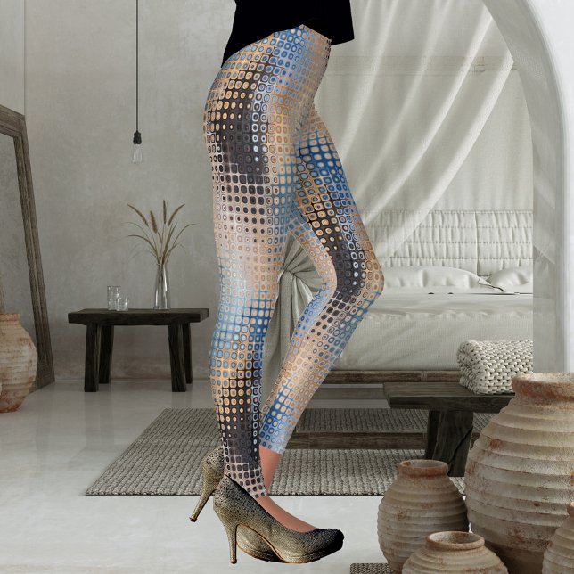 Abstract Art Blue Grey Beige Pattern Leggings (Leggings featuring an abstract tech industrial design with dots in blue, grey and beige.)