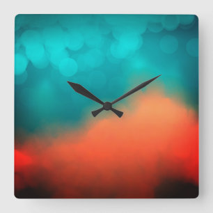 Abstract Art Blue Teal Turquoise Orange Square Wall Clock