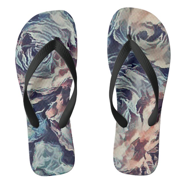 Abstract art brush textured roses print blue beige jandals (Footbed)