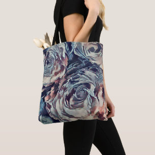 Abstract art brush textured roses print blue beige tote bag