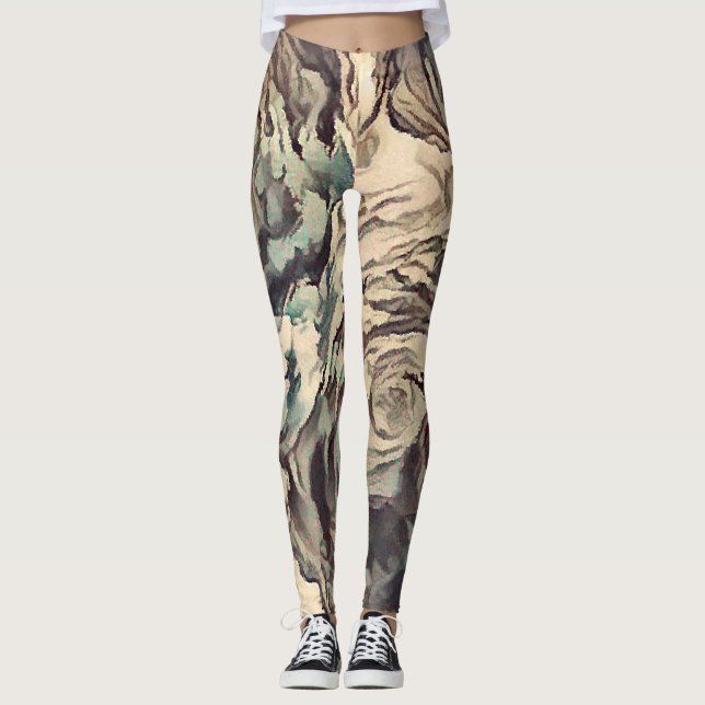 Abstract art brush textured roses print brown beig leggings (Front)