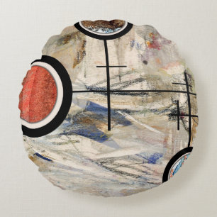 abstract art collage, mixed media and watercolor 3 round cushion