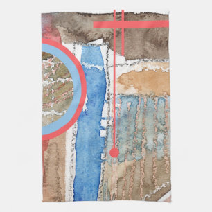 abstract art collage, mixed media and watercolor 5 tea towel