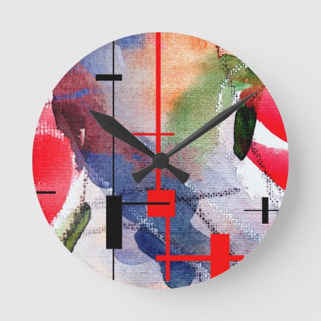 abstract art collage, mixed media and watercolor round clock (Front)