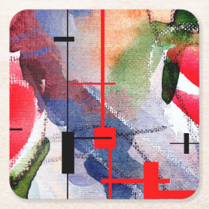 abstract art collage, mixed media and watercolor square paper coaster