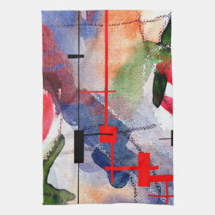 abstract art collage, mixed media and watercolor tea towel